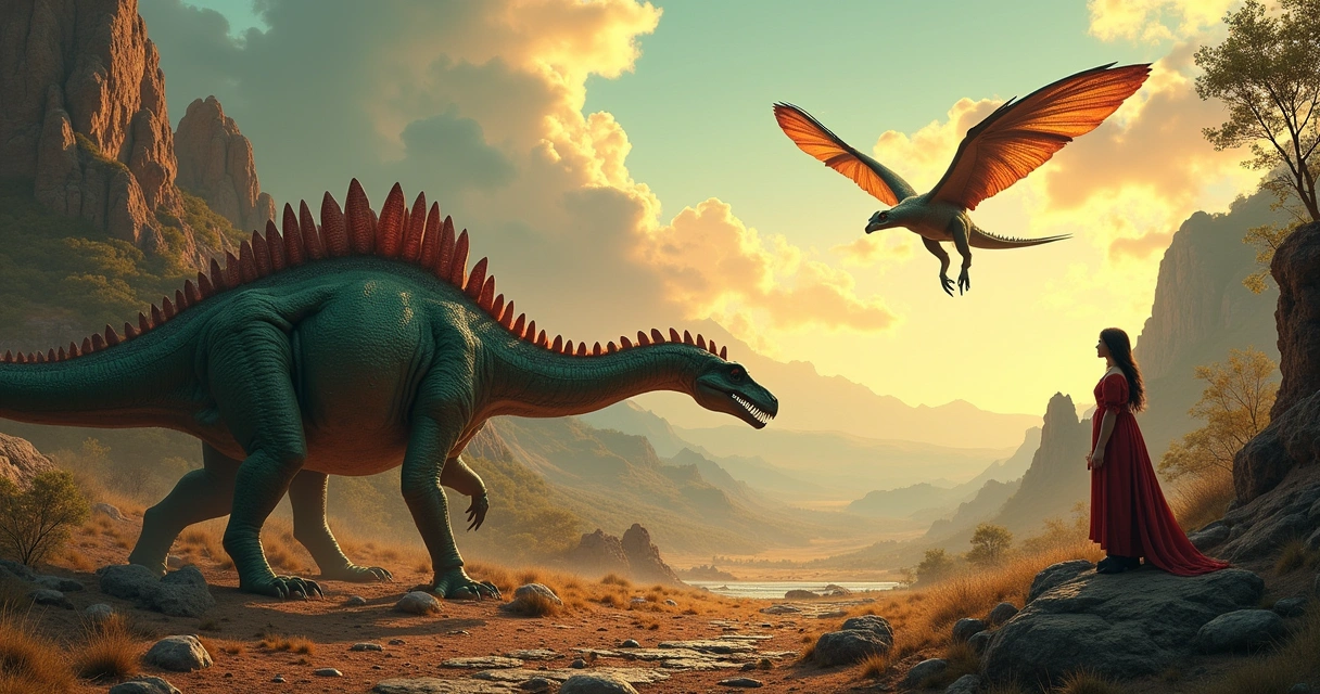 Uma cena de campo com fósseis de dinossauro e um dragão voando ao pôr do sol, representando a conexão entre lendas e realidade.