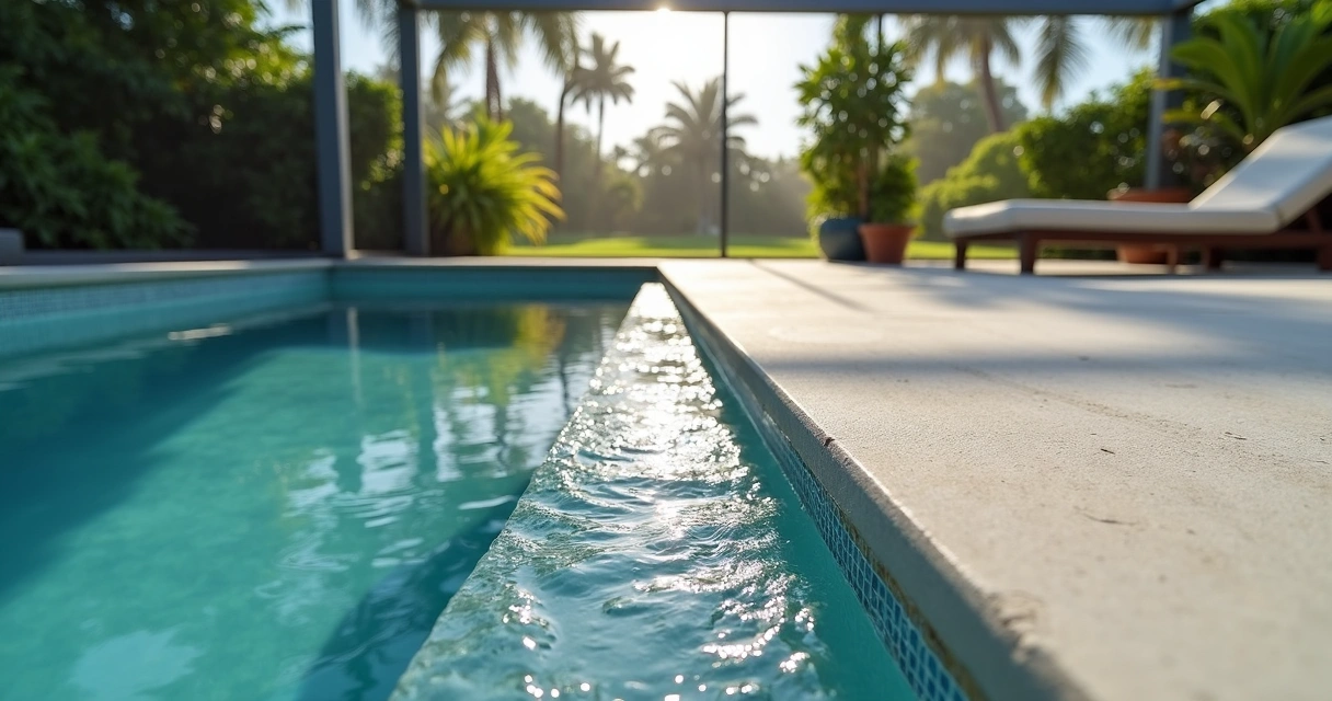 Concrete slab with drainage system under pool screen enclosure 