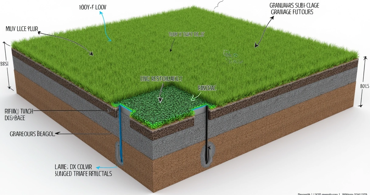 Detailed drainage design plan for artificial turf backyard. 