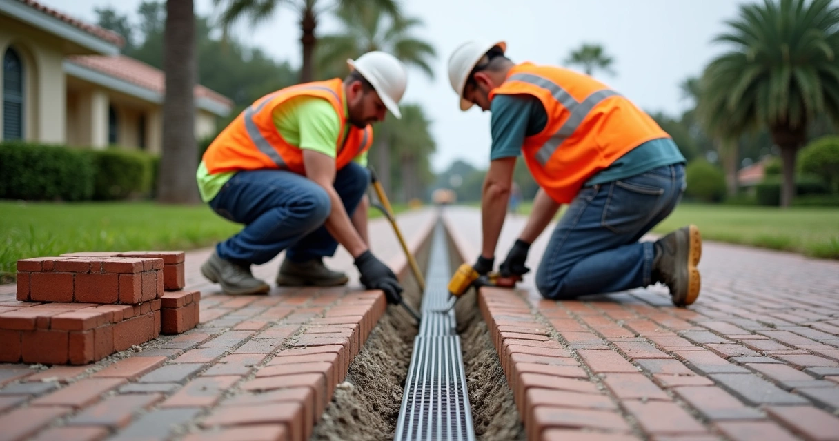Workers installing channel drain in brick driveway