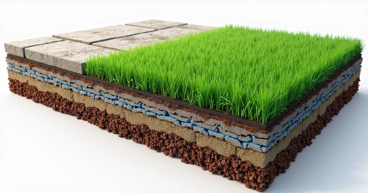 Cross-section of artificial turf with irrigation and drainage system 
