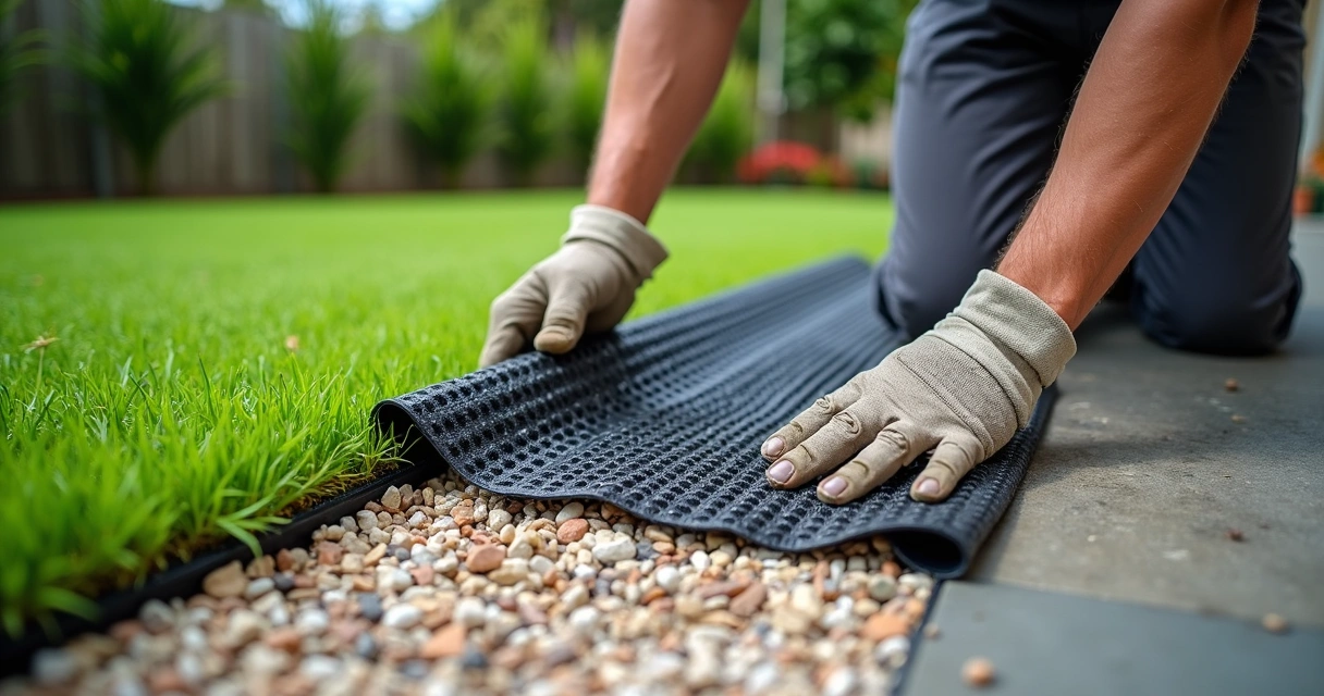 Contractors installing drainage mat for turf in Florida