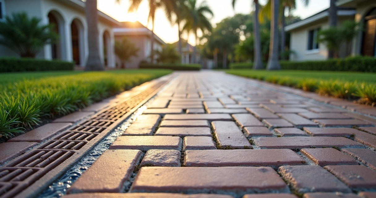 Brick paver walkway with integrated drainage system in Orlando yard 
