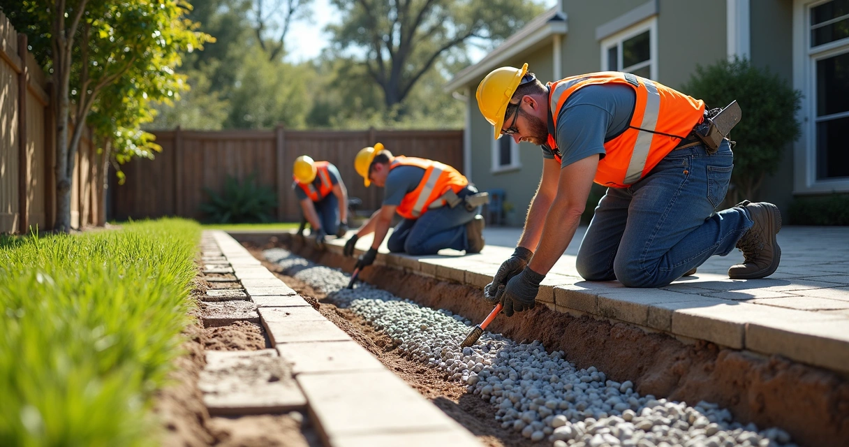 Crew installing French drain with compacted soil, Orlando 