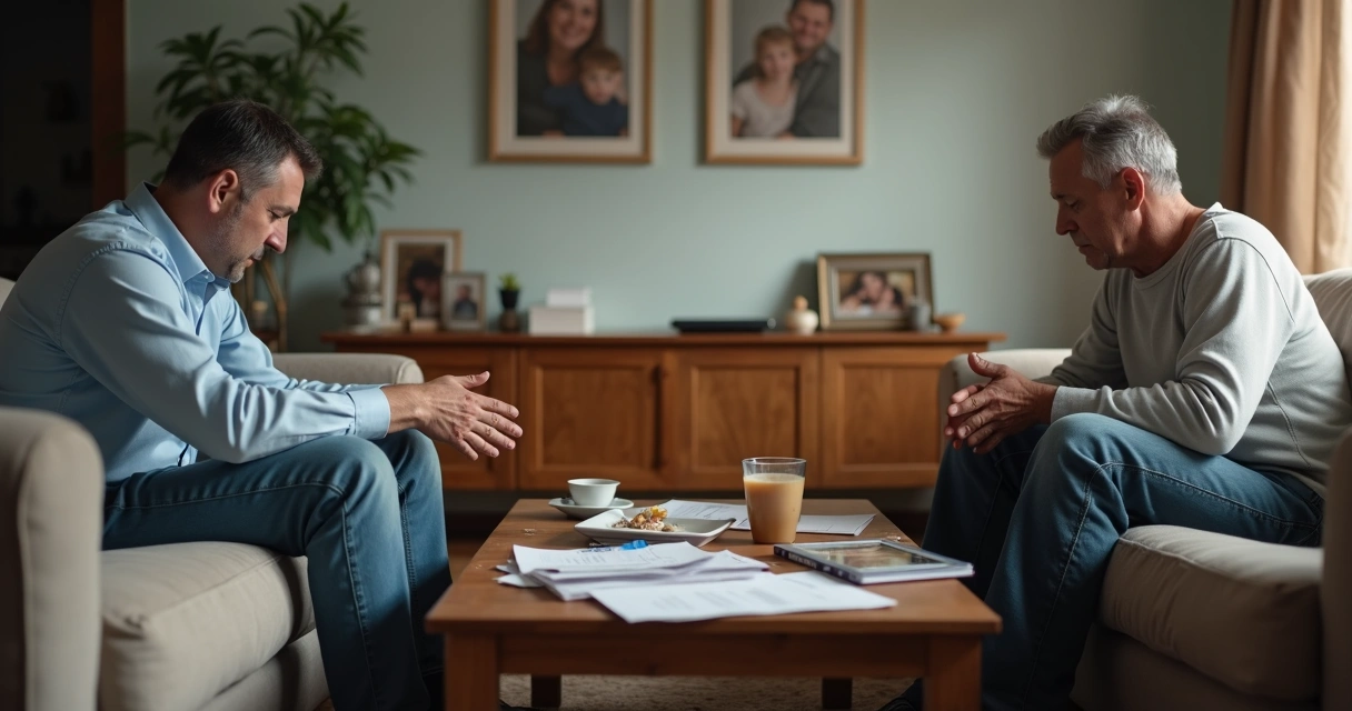 Two people facing each other in a living room, showing tense body language, as scattered papers and a spilled drink draw attention to the conflict. 