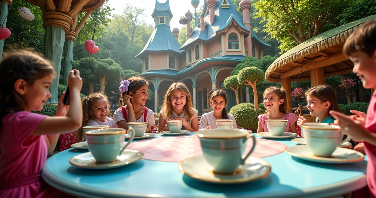 Ambiente inspirado em Alice no País das Maravilhas com decoração temática 