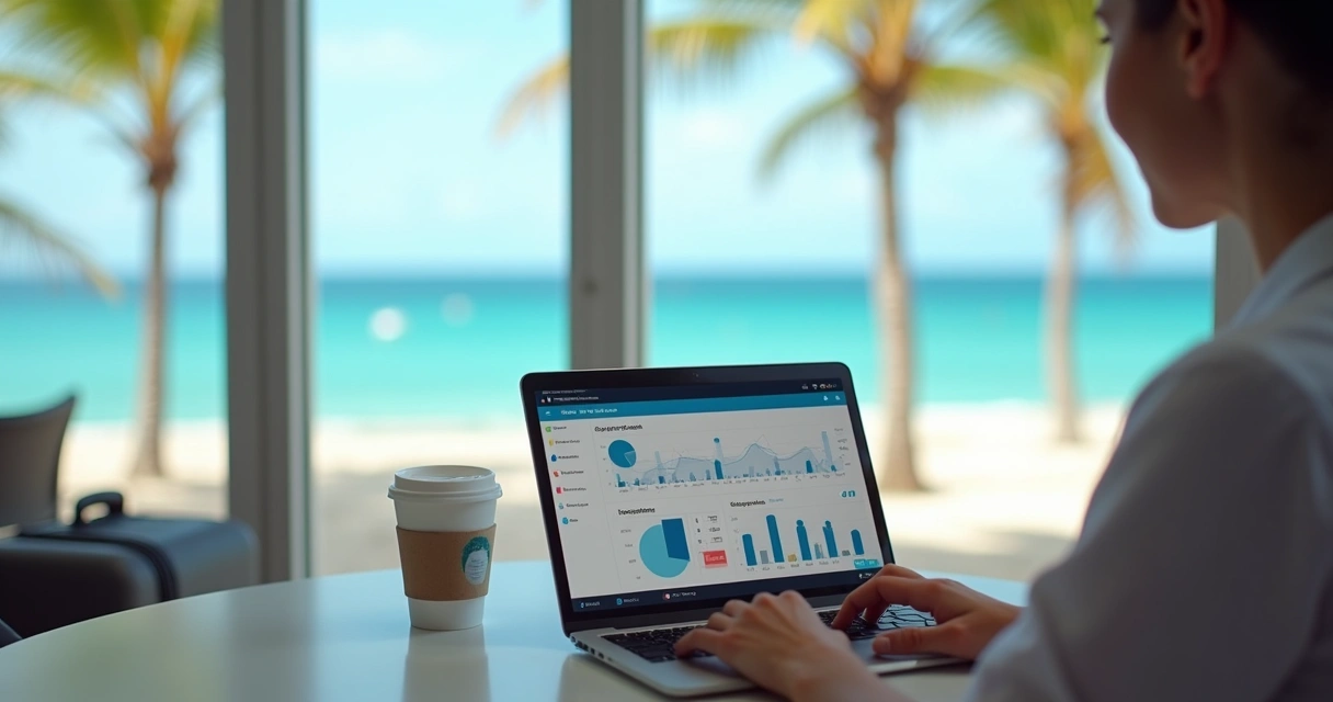 Gestor de clínica odontológica analisando DRE no notebook em frente ao mar 