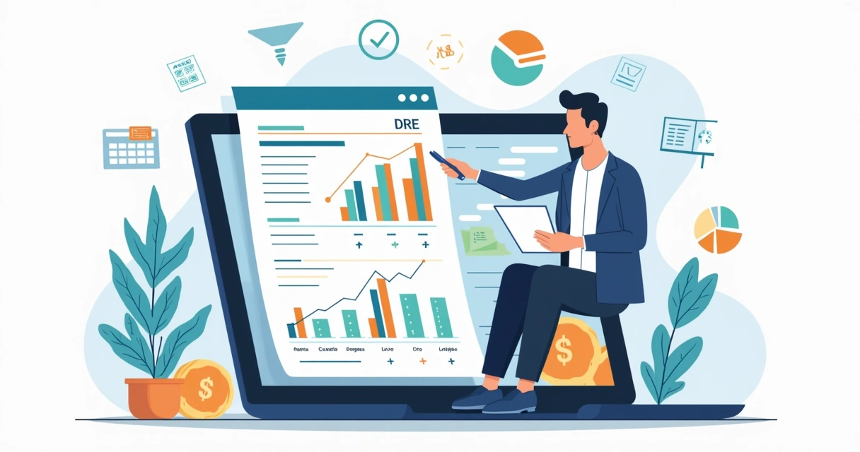 Empresário analisando DRE simplificado com gráficos e indicadores financeiros 