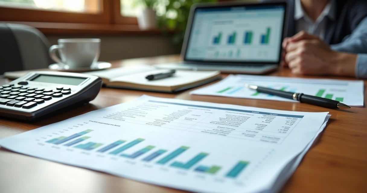 Relatório financeiro com gráficos e demonstrativo de resultado na mesa 