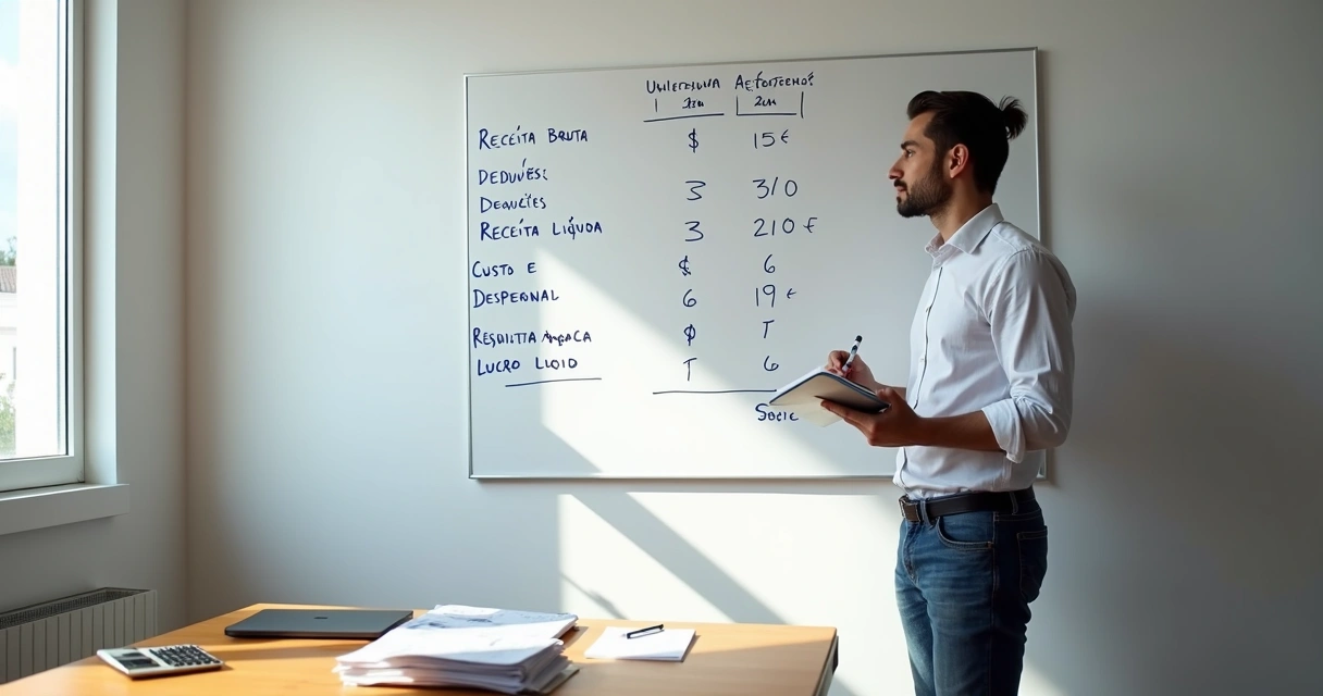 Empresário observando DRE simplificado em seis linhas em quadro branco 