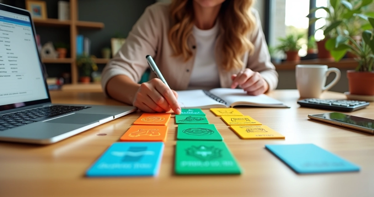Dono de pequeno negócio montando DRE simplificada com blocos coloridos de receita e despesas em mesa de escritório 