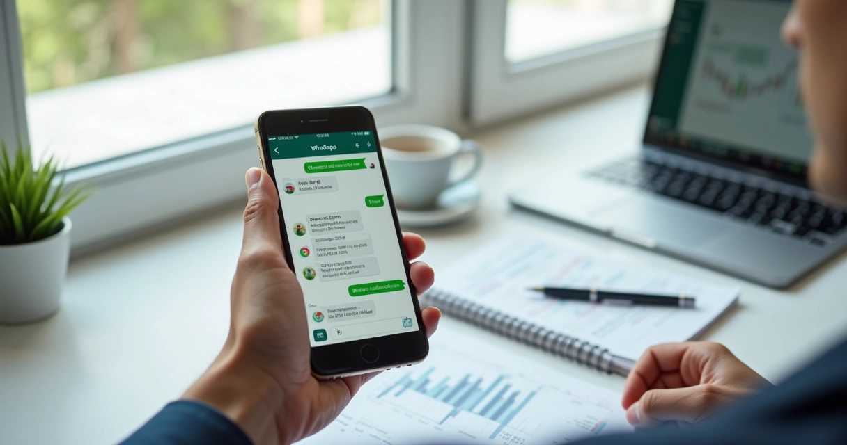 Gestor olhando DRE no WhatsApp com gráficos financeiros simplificados 
