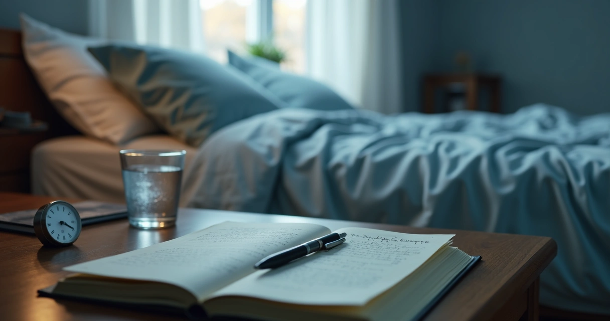 Open dream journal beside a bed and lamp at dawn 