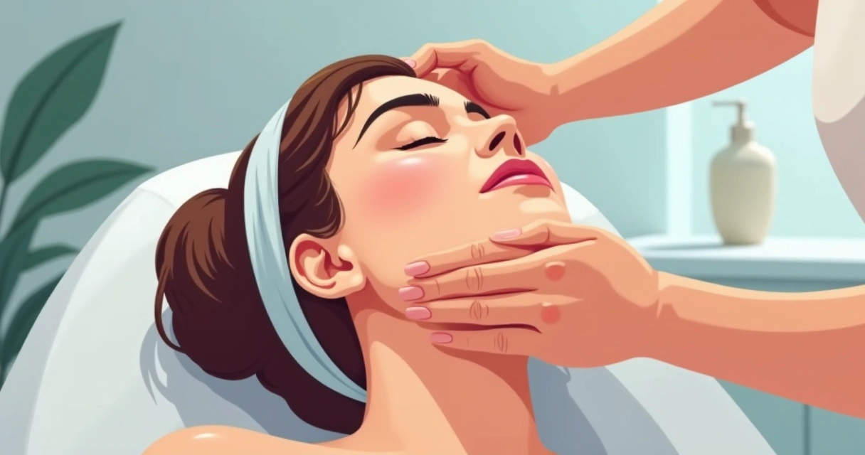 Terapeuta realizando drenagem linfática facial em paciente mulher deitada 