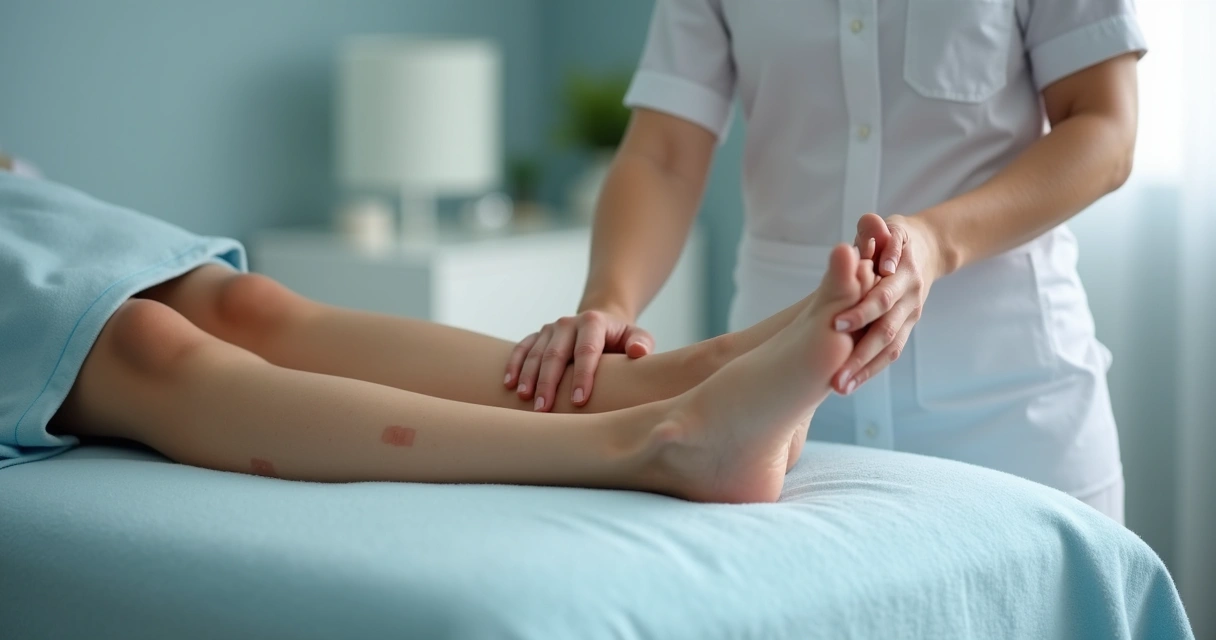 Terapeuta aplicando drenagem linfática suave em pernas femininas 