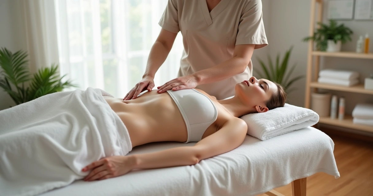 Profissional aplicando drenagem linfática manual em abdômen de cliente em ambiente de clínica de bem-estar 
