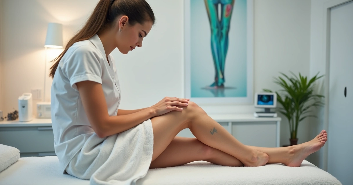 Profissional realiza drenagem linfática em pernas femininas deitada em maca de clínica moderna 