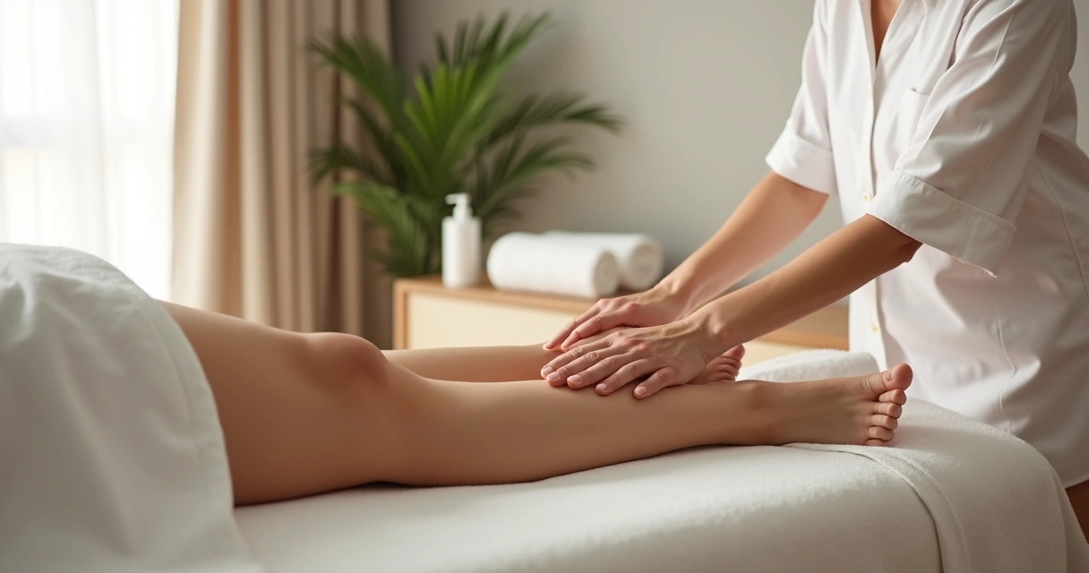 Profissional realizando drenagem linfática suave nas pernas em clínica de estética moderna 