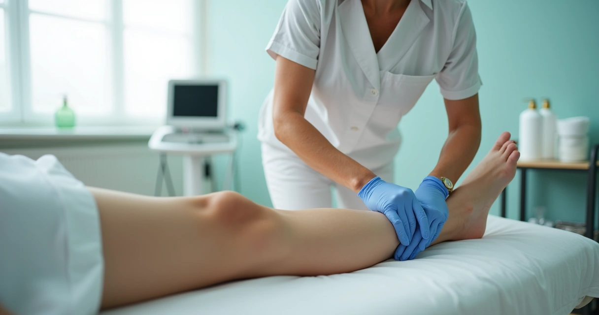 Profissional realizando drenagem linfática em perna de paciente deitada em clínica moderna 