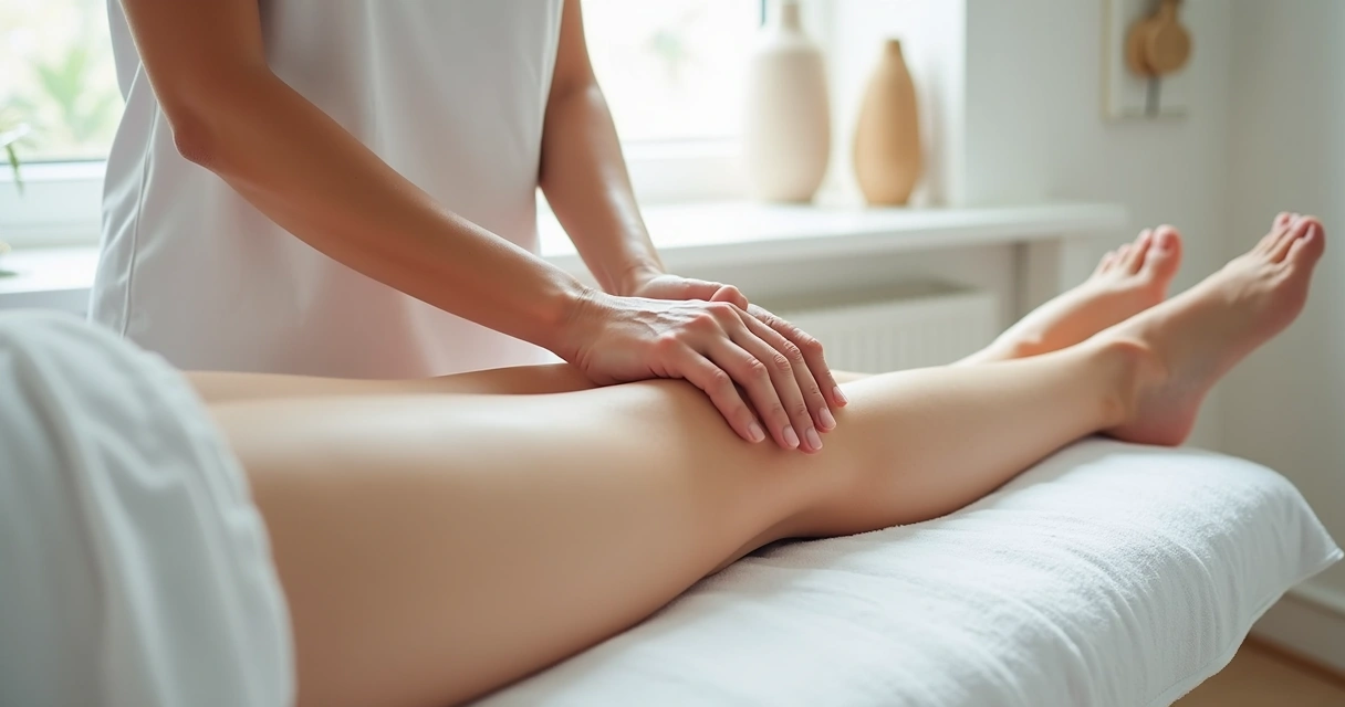 Profissional realizando drenagem linfática nas pernas em clínica 