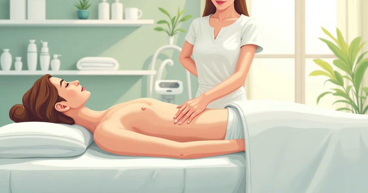 Ilustração de drenagem linfática em abdômen com ambiente clínico acolhedor