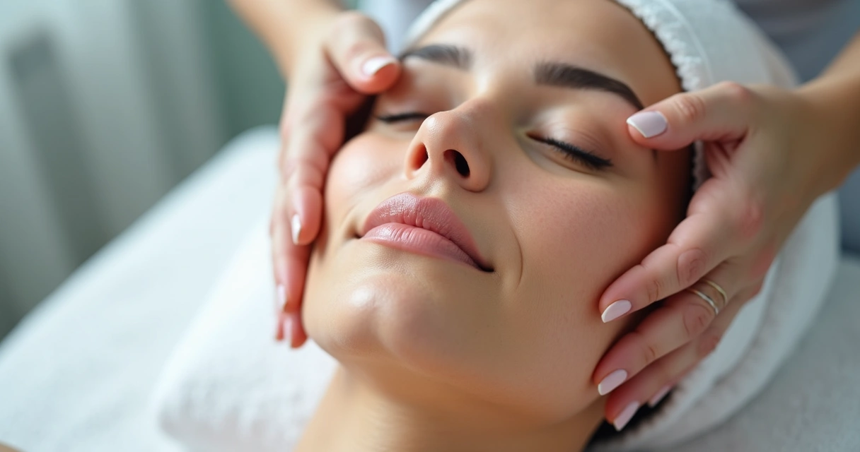 Rosto de mulher recebendo massagem linfática suave após cirurgia facial.