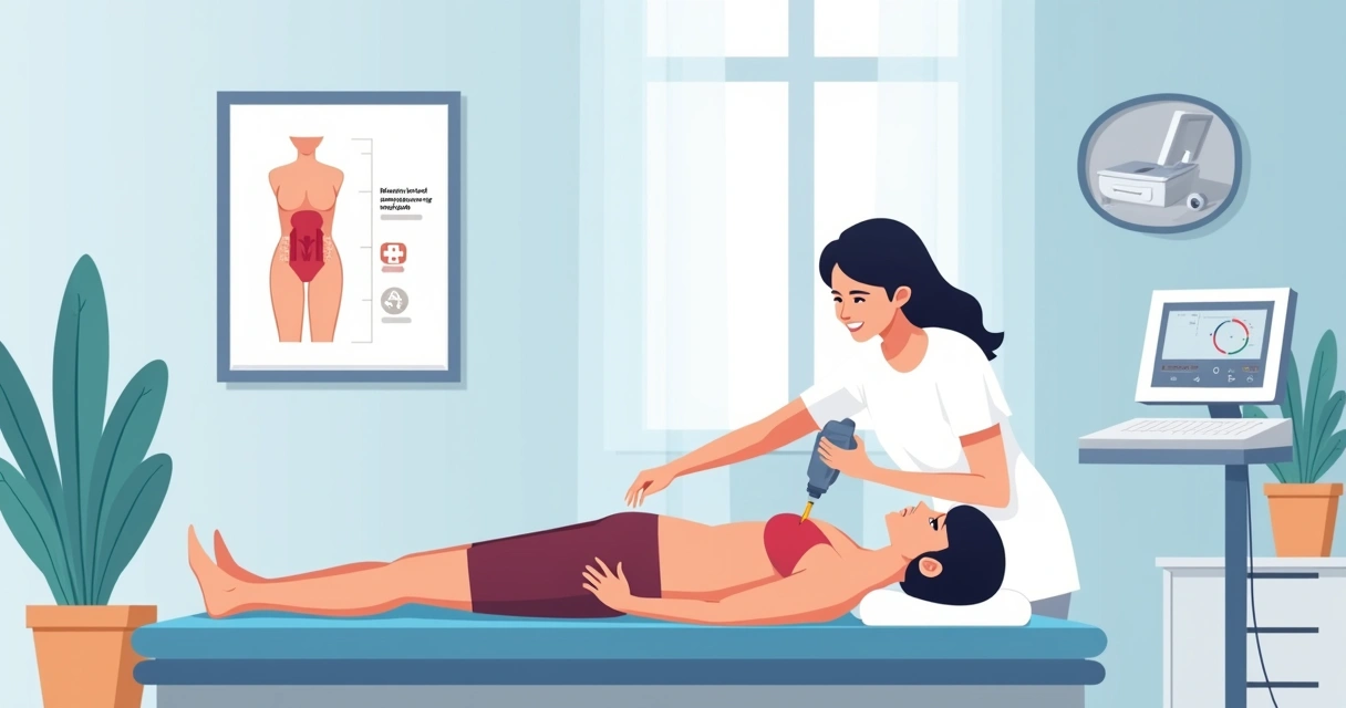 Profissional aplicando ultrassom em abdômen de paciente com sinais pós-cirúrgicos, representando tratamento pós-operatório 