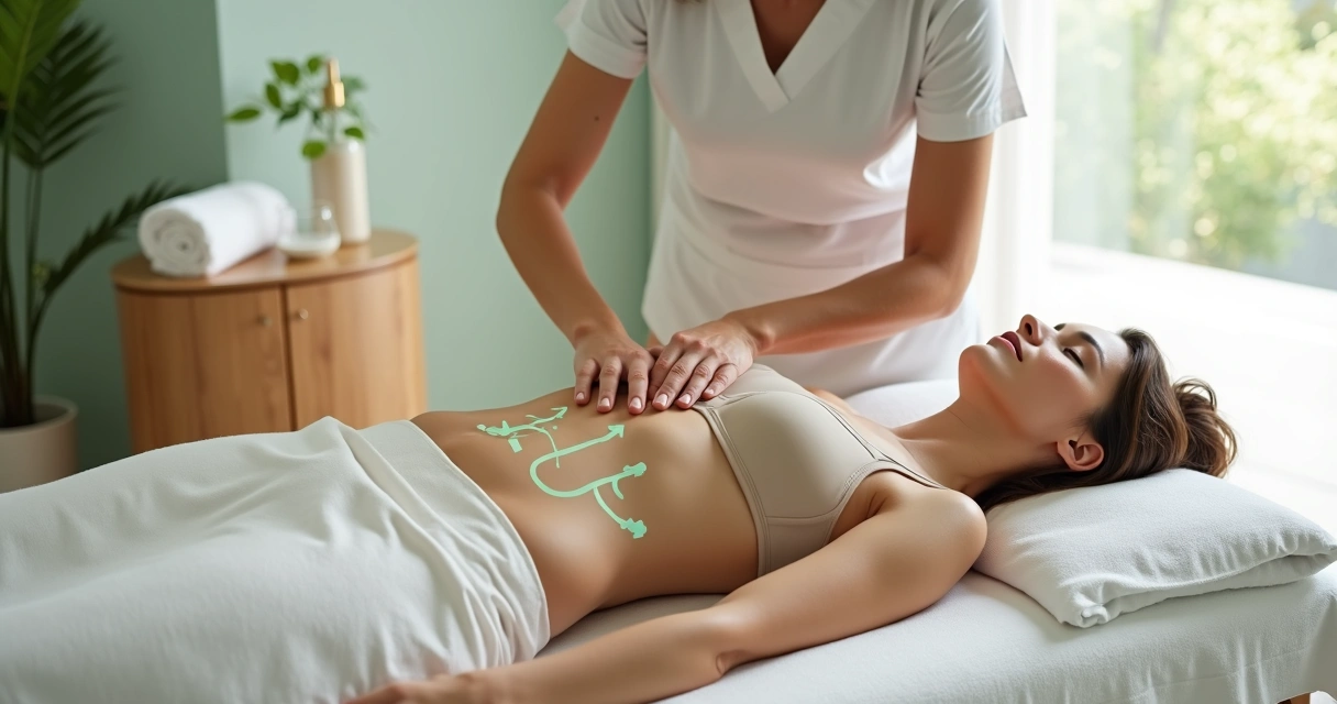 Terapeuta realiza drenaje linfático brasileño en abdomen de mujer en spa moderno 