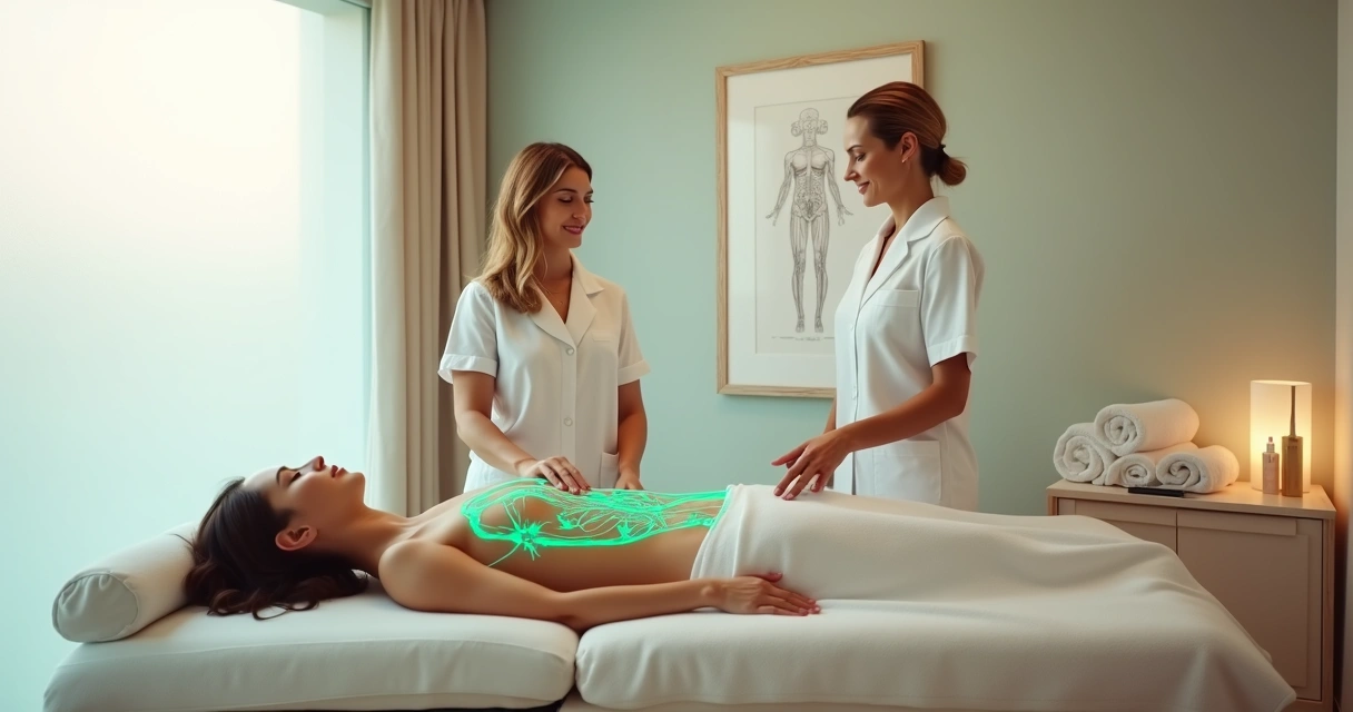 Terapeuta realiza drenaje linfático brasileño marcado en el cuerpo de una paciente en clínica moderna 