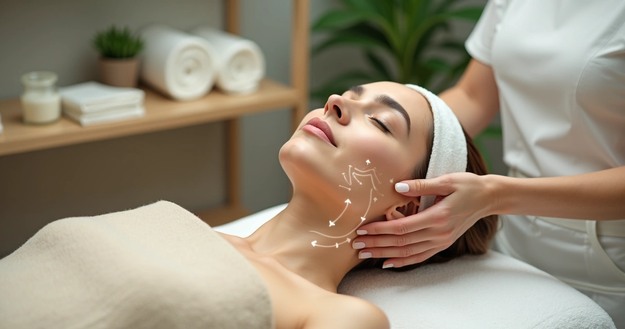 Terapeuta realizando drenaje linfático facial con mapa de líneas sobre el rostro 