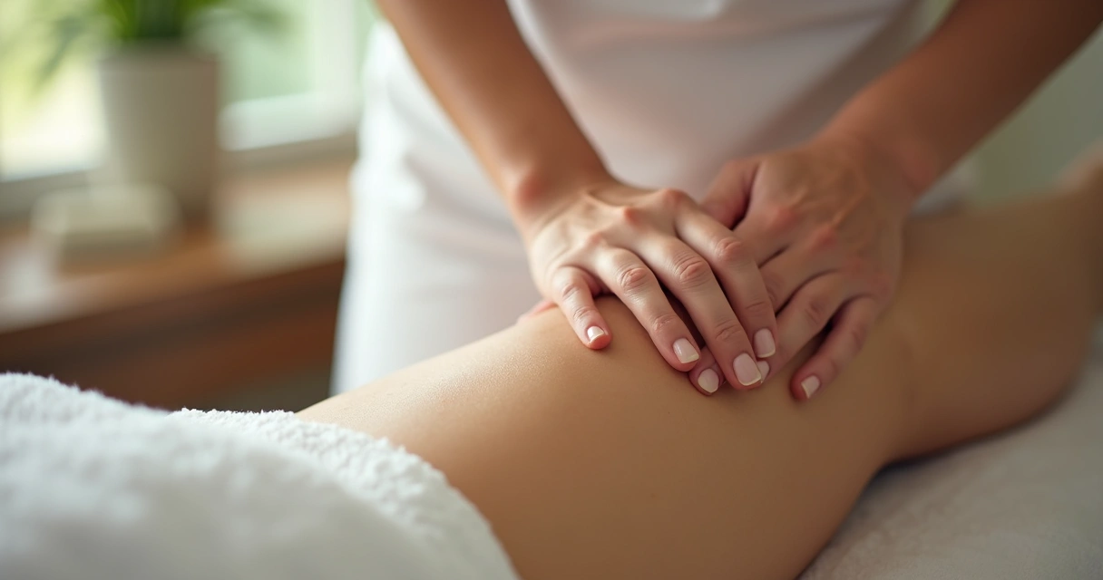 Manos de terapeuta trabajando drenaje linfático en pierna de paciente