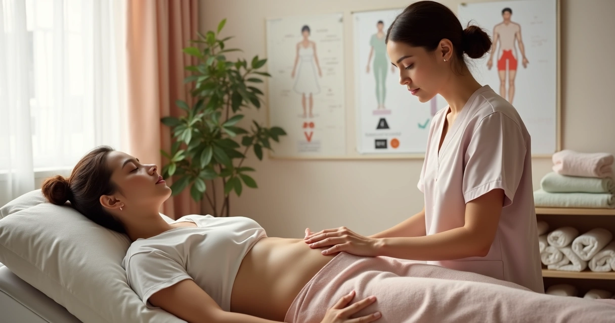 Paciente en recuperación postoperatoria con profesional realizando drenaje linfático suave 