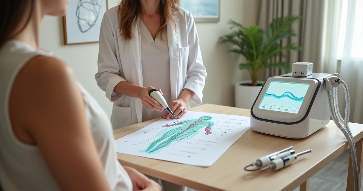 Terapeuta muestra esquema de flujo linfático junto a aparatología en consulta tranquila 