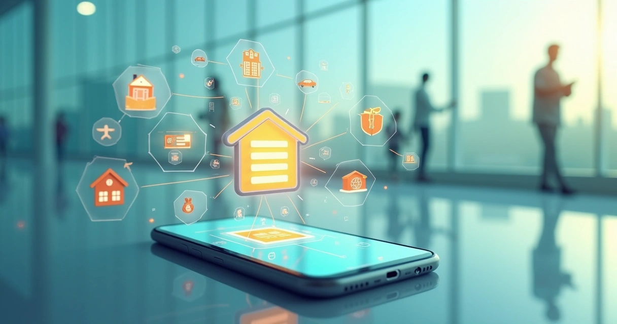 Ilustração de smartphone com aplicativos financeiros e ícones de transações digitais ao redor 