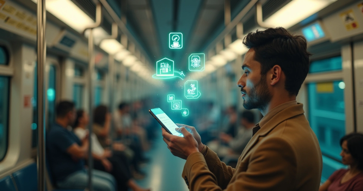 Pessoa em metrô moderno usando celular com interface Drex em tela holográfica 