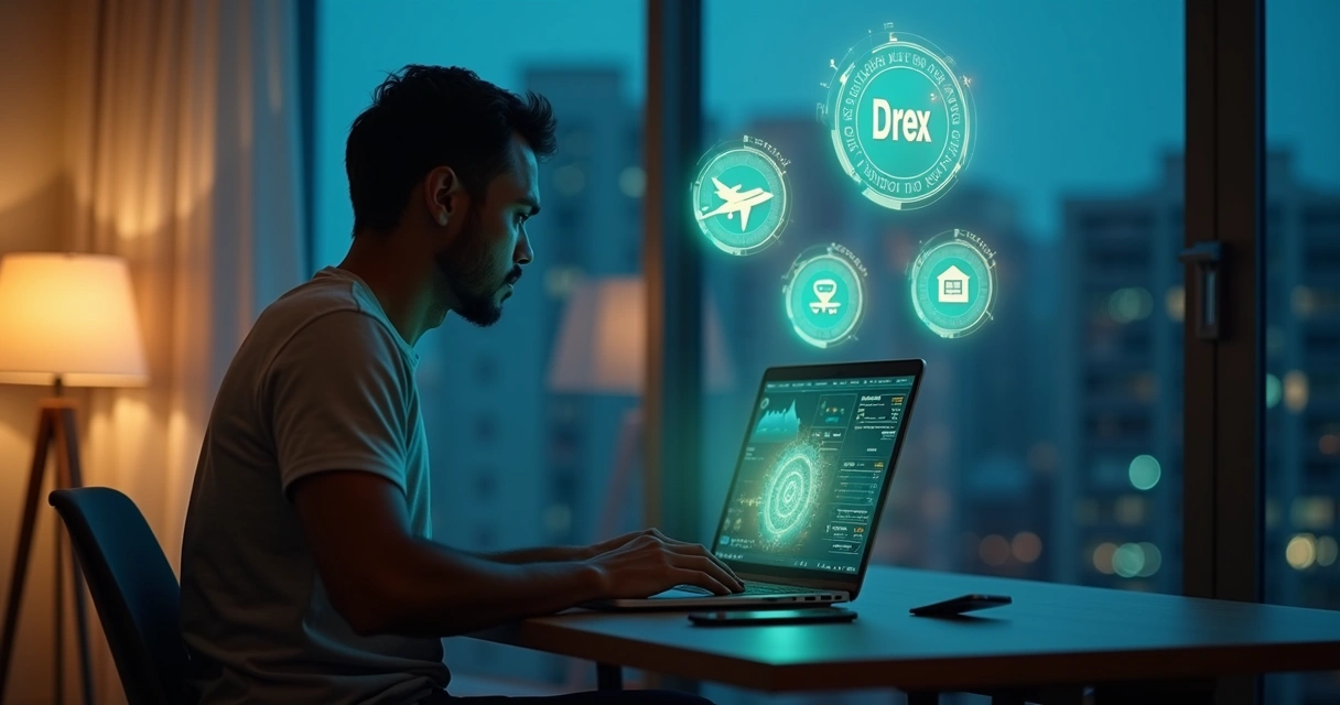 Pessoa adulta observando moedas digitais Drex ao lado de ícones de gastos do dia a dia 