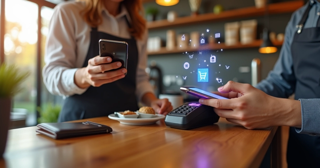 Pessoa usando celular para pagar compra em máquina de cartão com símbolo do Drex 