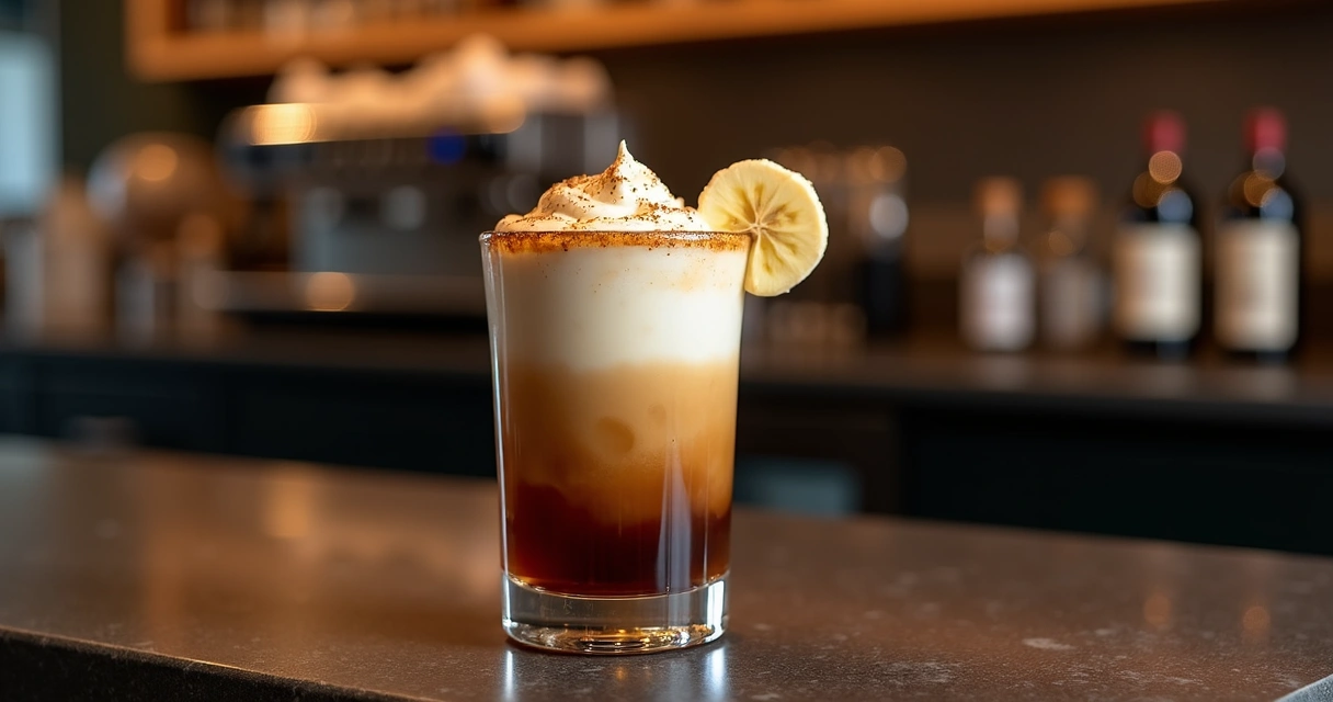 Drink de café com banana e cachaça em copo baixo 