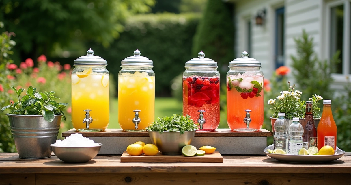 Self-serve drink station with cold drinks, lemonade, and fruit slices 