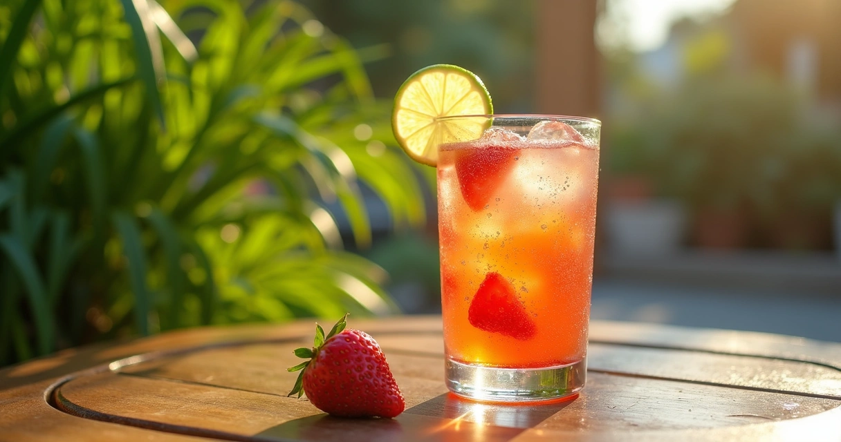Taça de drink tropical com limão e frutas 