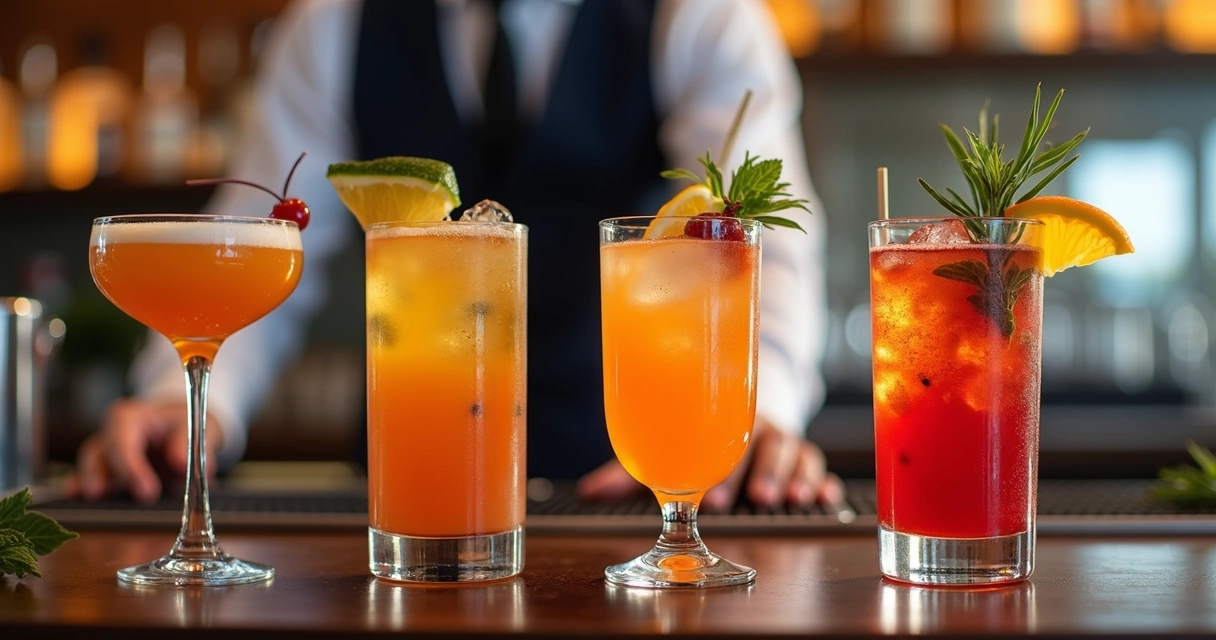 Drinks autorais em bancada de evento com decoração moderna 