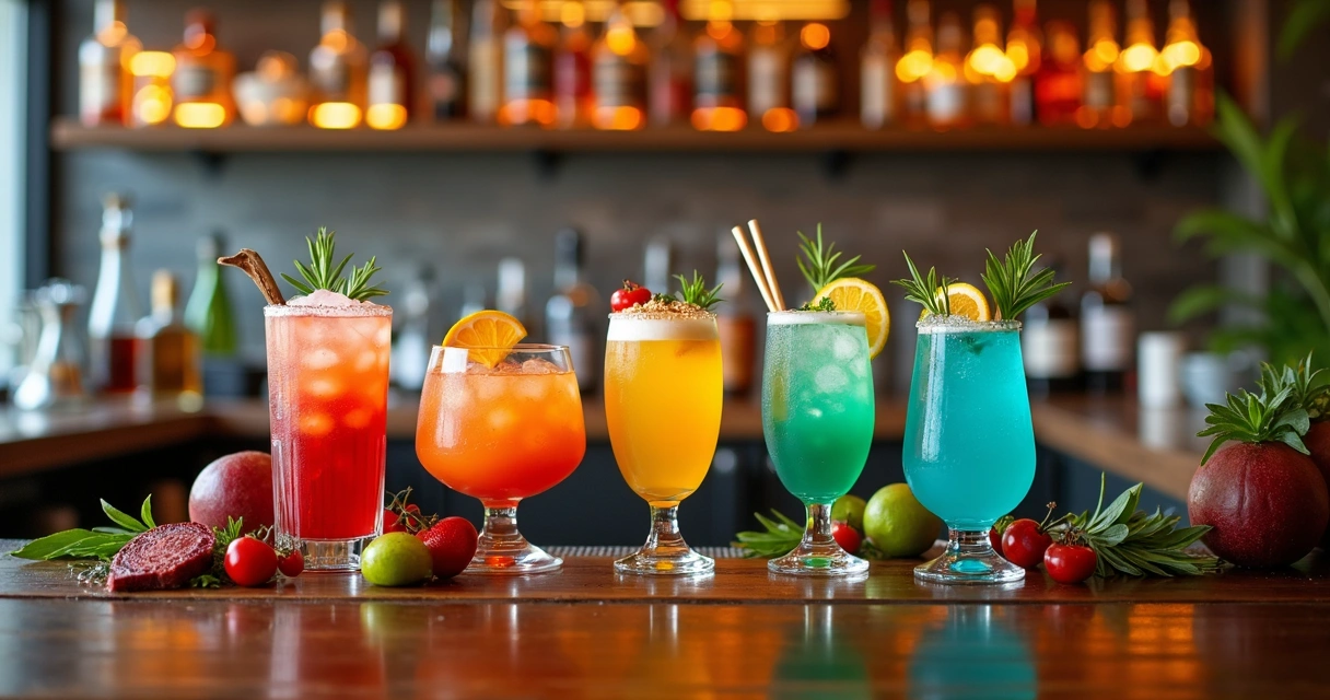 Cardápio de bar com drinks coloridos variados e apresentações criativas 
