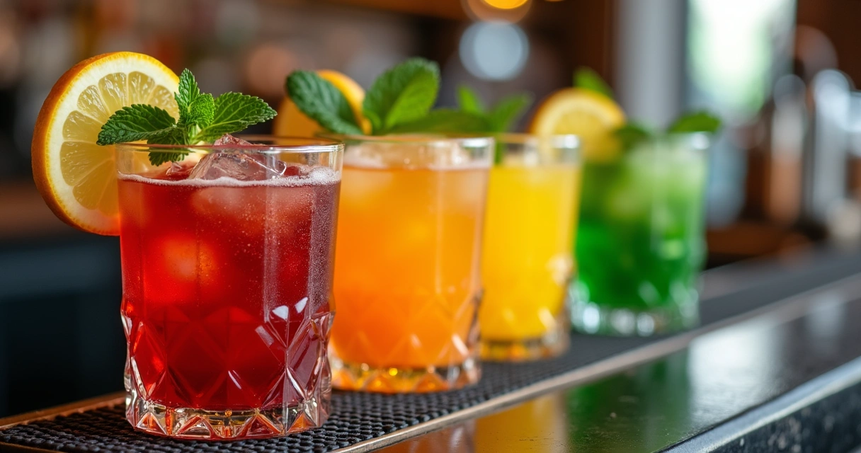 Diversos drinks coloridos em copos de bar, prontos para serem servidos, com guarnições frescas.