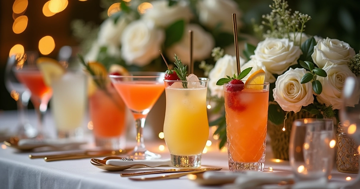 Vários coquetéis coloridos servidos em mesa de evento com decoração elegante e flores