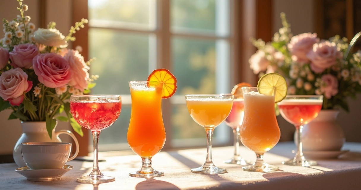 Drinks coloridos em copos variados dispostos em mesa de casamento, com decoração floral ao fundo 