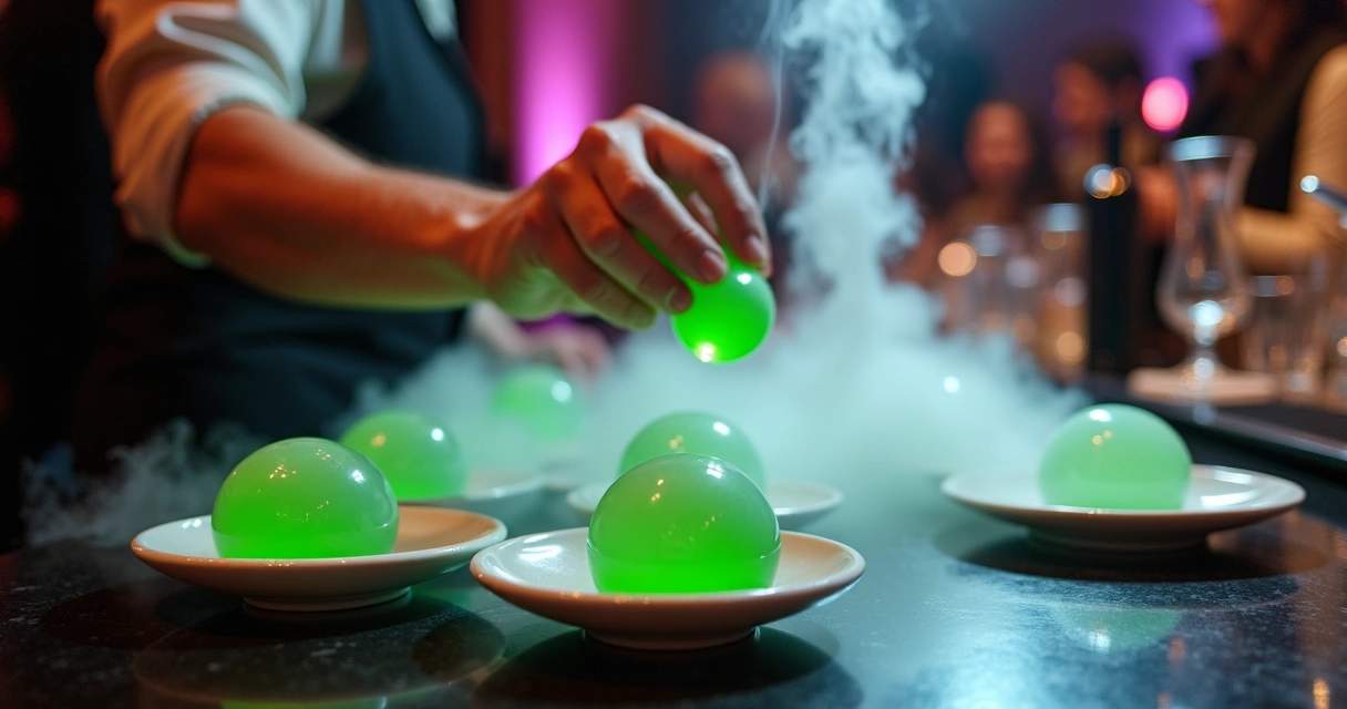Drinks com esferas verdes e fumaça sendo preparados em bancada de bar de eventos