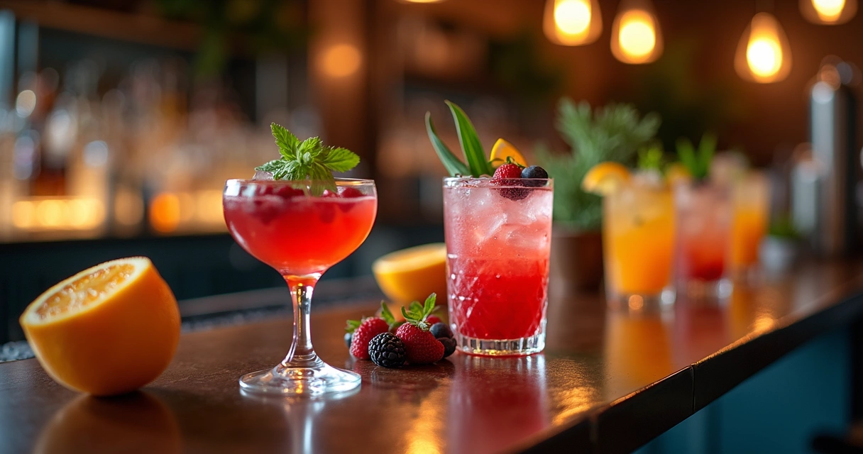 Diversos coquetéis autorais com apresentações sofisticadas e ingredientes frescos, em um bar iluminado por luz suave 