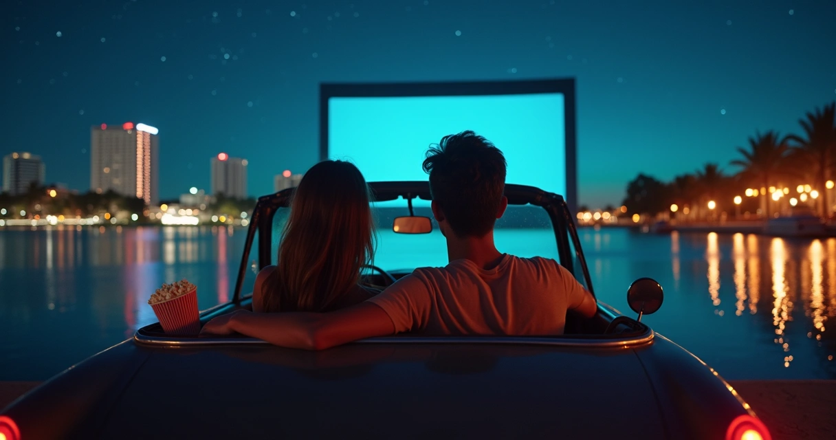 Casal assistindo filme em drive-in em Miami 