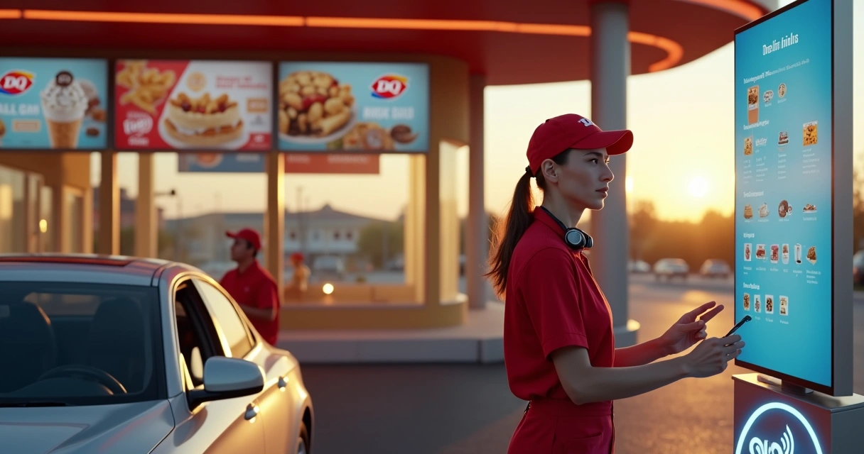 Atendente em drive-thru da Dairy Queen observando pedido por voz feito por IA em tela digital 