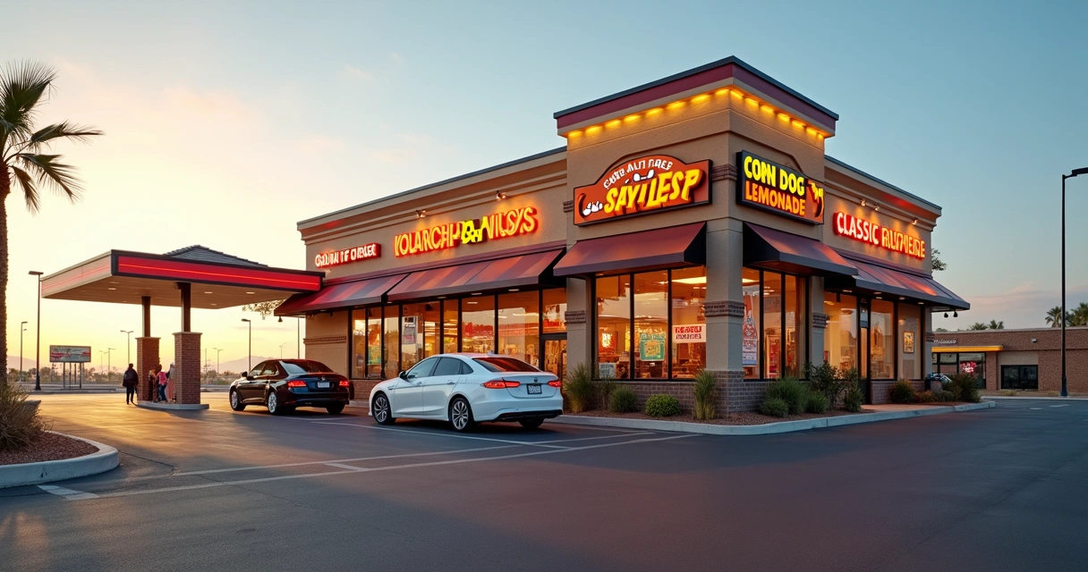 Fachada de drive-thru com três marcas de fast-food lado a lado em centro de viagem na Califórnia 